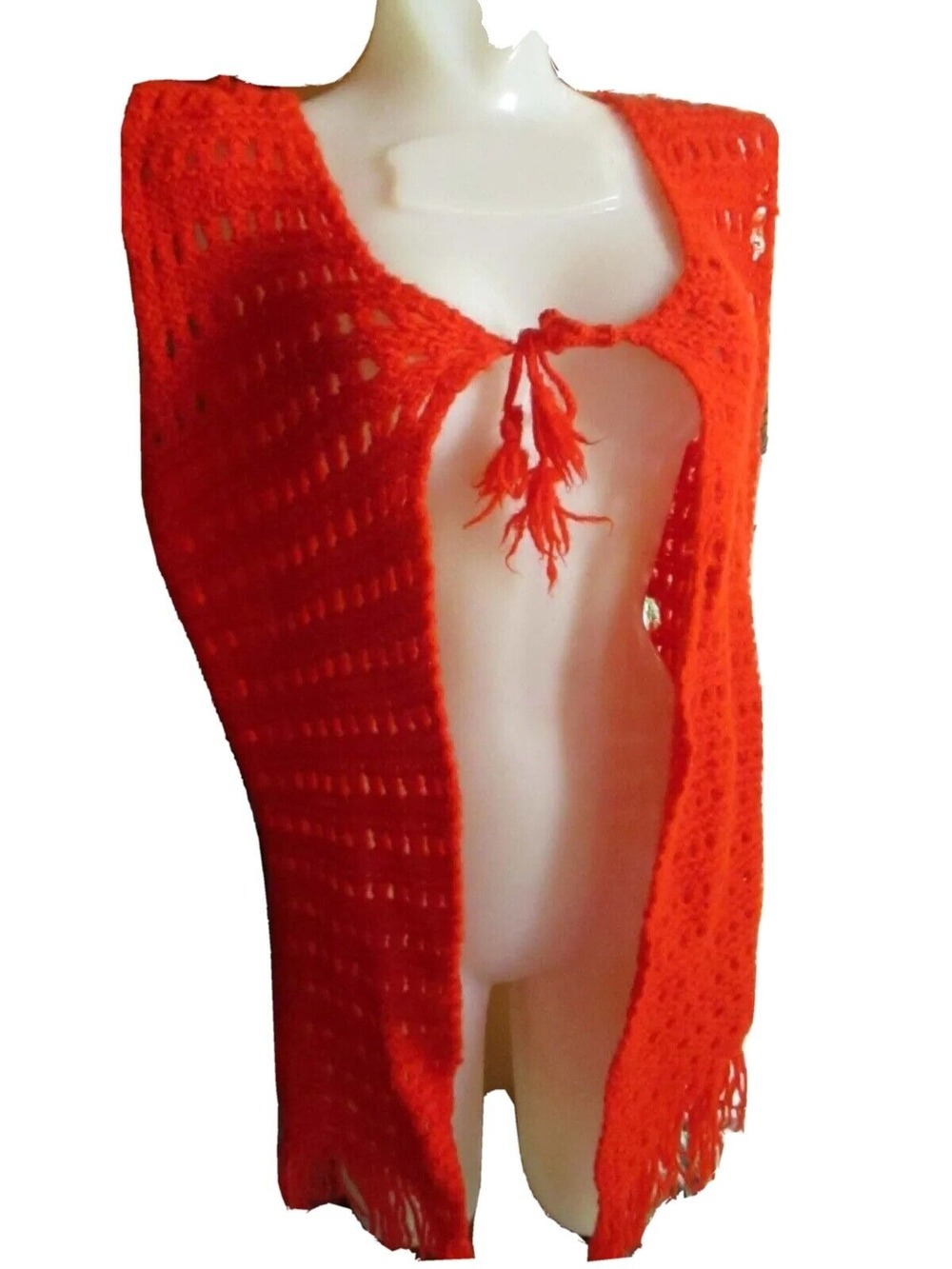 Vintage Medium Cape Sweater 1970s Orange Net Shawl Womens Mod Hippy Distress
